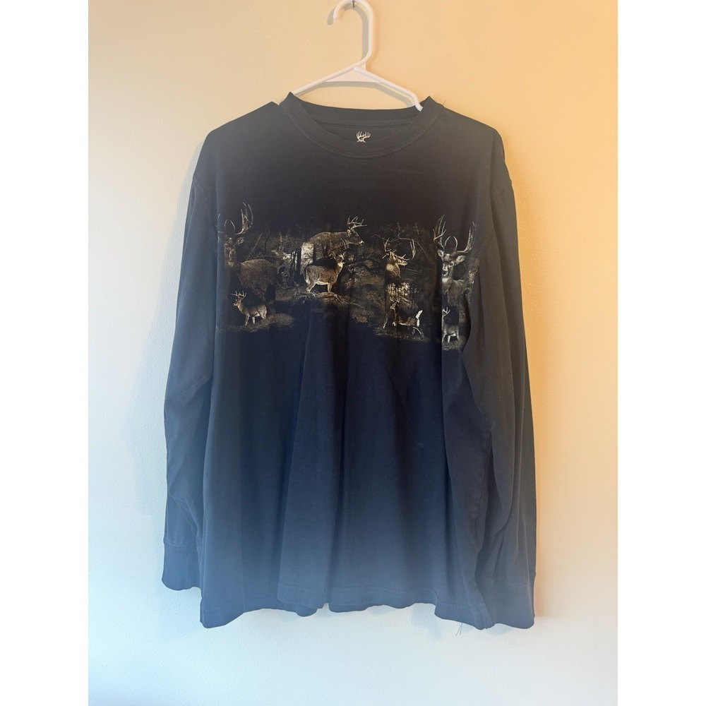 Vintage Y2k North River Long‎ Sleeve T-shirt Wrapped Around Deer Themed, Size L